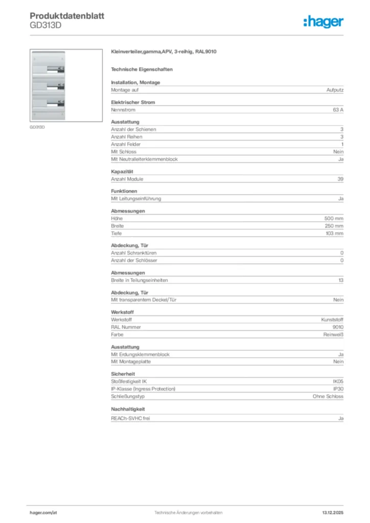 Bild Hager Produktdatenblatt GD313D | Hager Deutschland