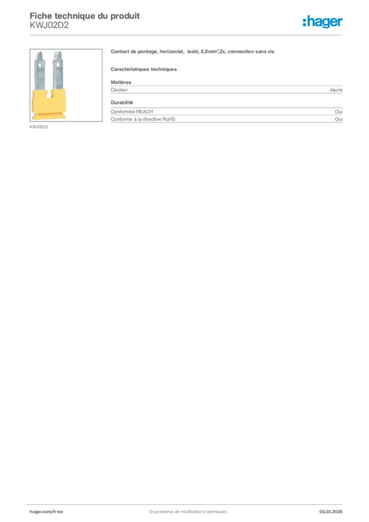 Image Hager Fiche technique du produit KWJ02D2 | Hager Belgique