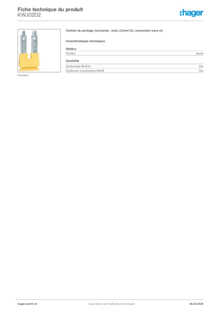 Image Hager Fiche technique du produit KWJ02D2 | Hager Suisse