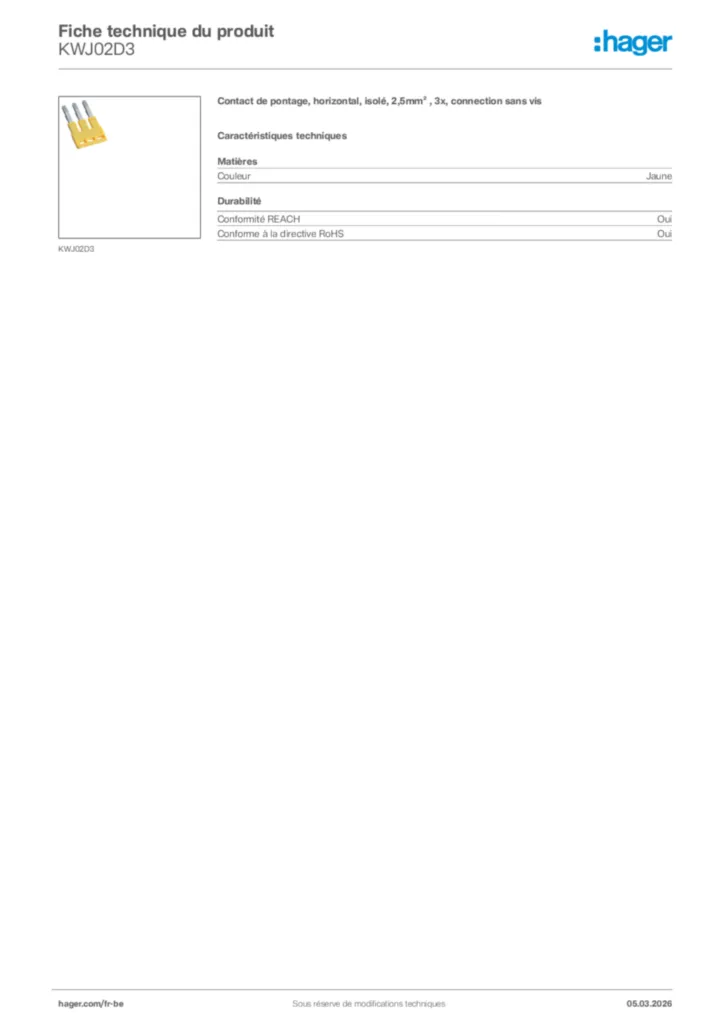 Image Hager Fiche technique du produit KWJ02D3 | Hager Belgique
