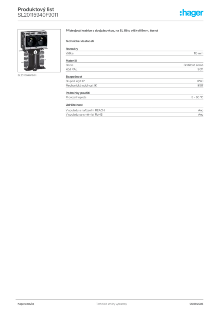 Obrázek Hager Produktový list SL20115940F9011 | Hager