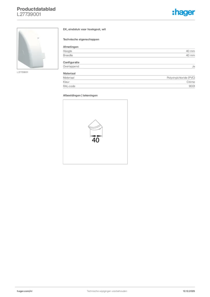 Afbeelding Hager Productdatablad L27739001 | Hager Nederland