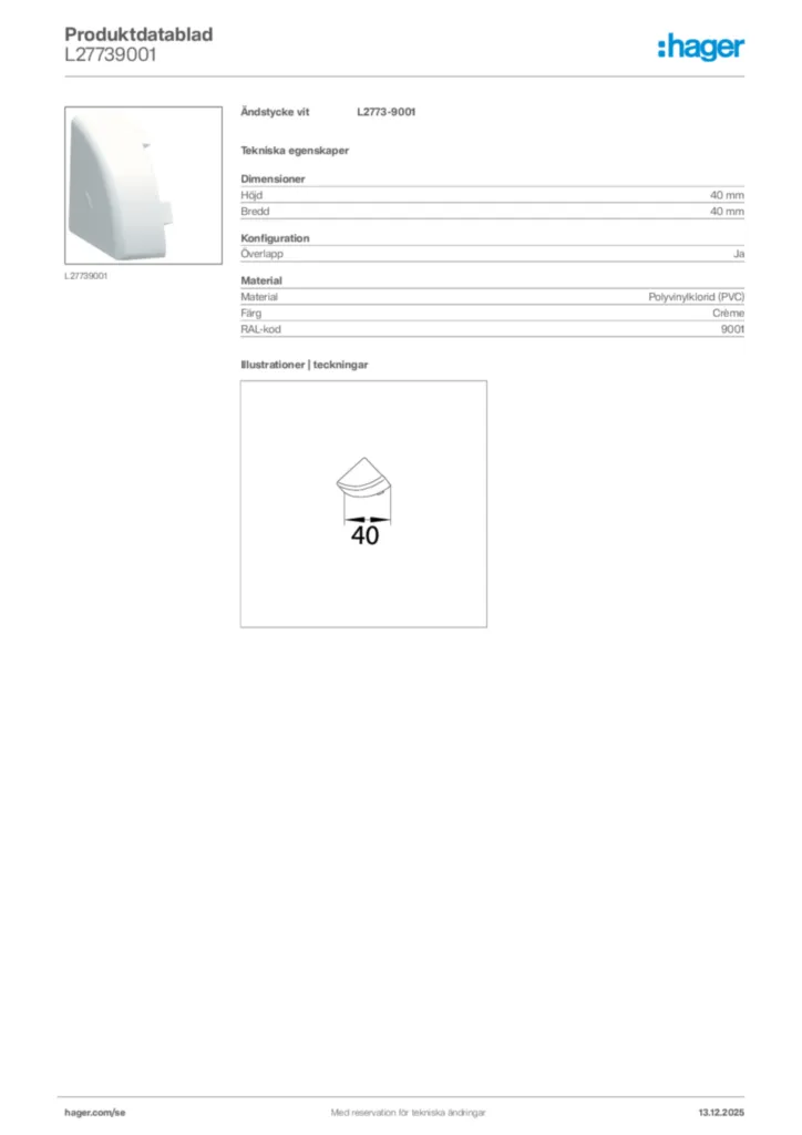Bild Hager Produktdatablad L27739001 | Hager Sverige