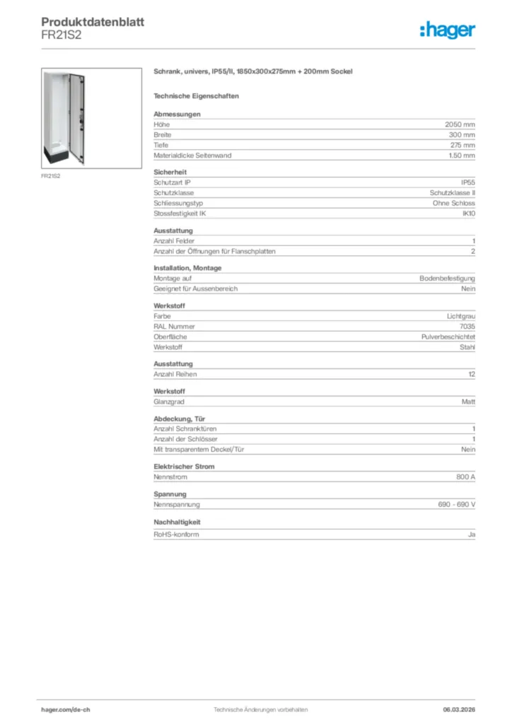 Bild Hager Produktdatenblatt FR21S2 | Hager Schweiz