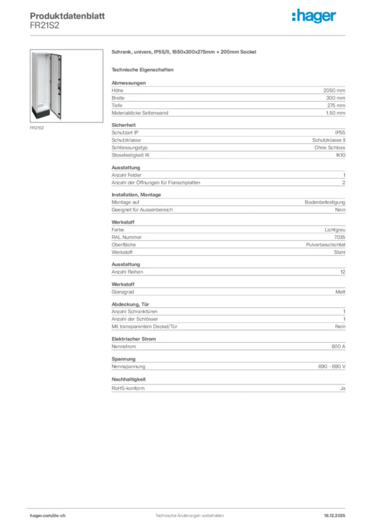 Bild Hager Produktdatenblatt FR21S2 | Hager Schweiz