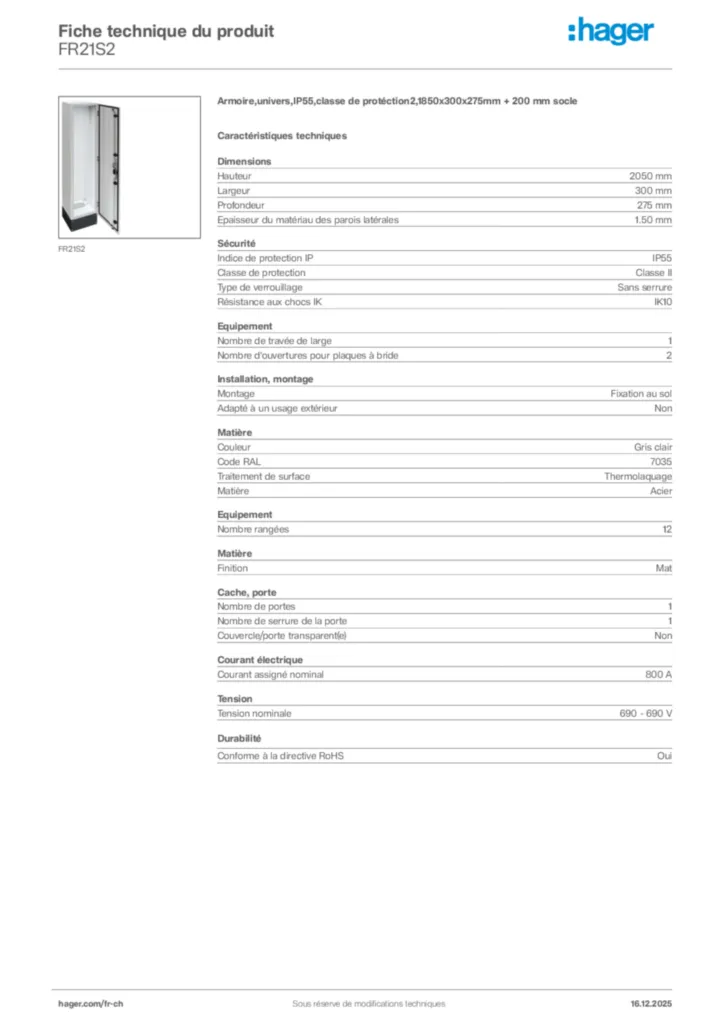 Image Hager Fiche technique du produit FR21S2 | Hager Suisse