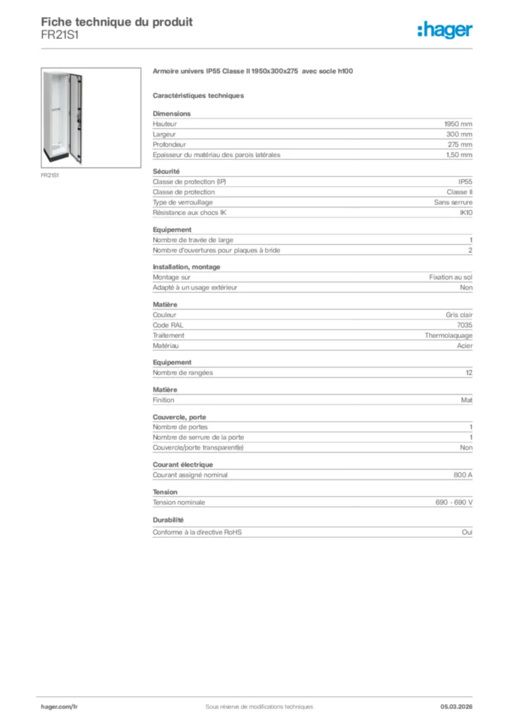 Image Hager Fiche technique du produit FR21S1 | Hager France