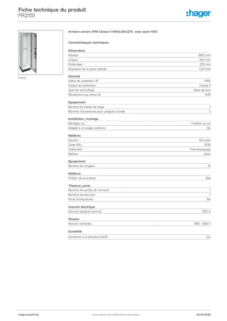 Image Hager Fiche technique du produit FR21S1 | Hager Belgique