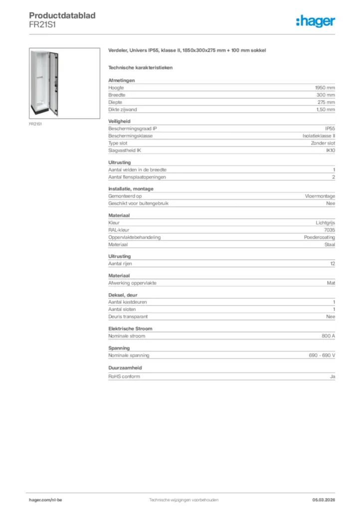 Afbeelding Hager Productdatablad FR21S1 | Hager Belgium