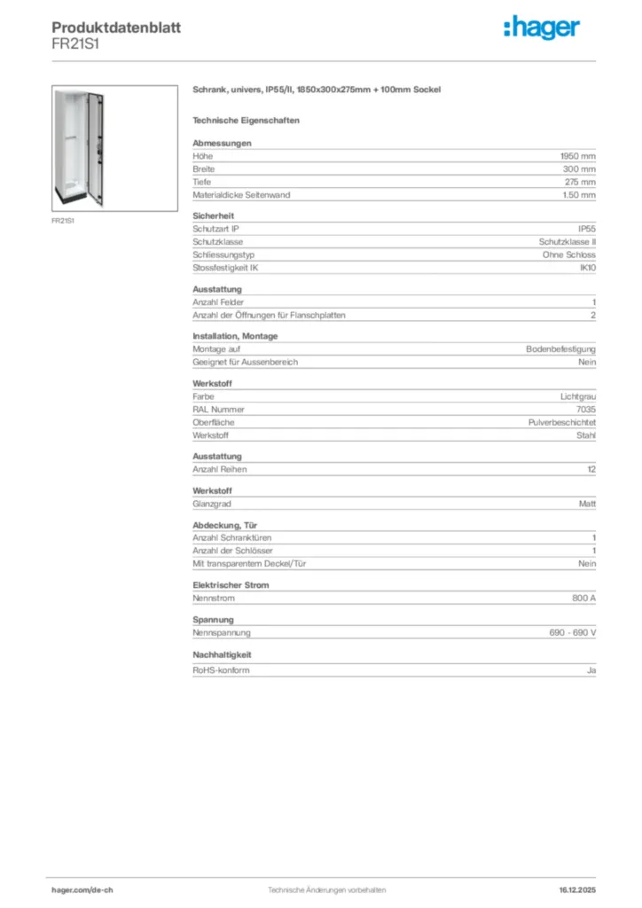 Bild Hager Produktdatenblatt FR21S1 | Hager Schweiz