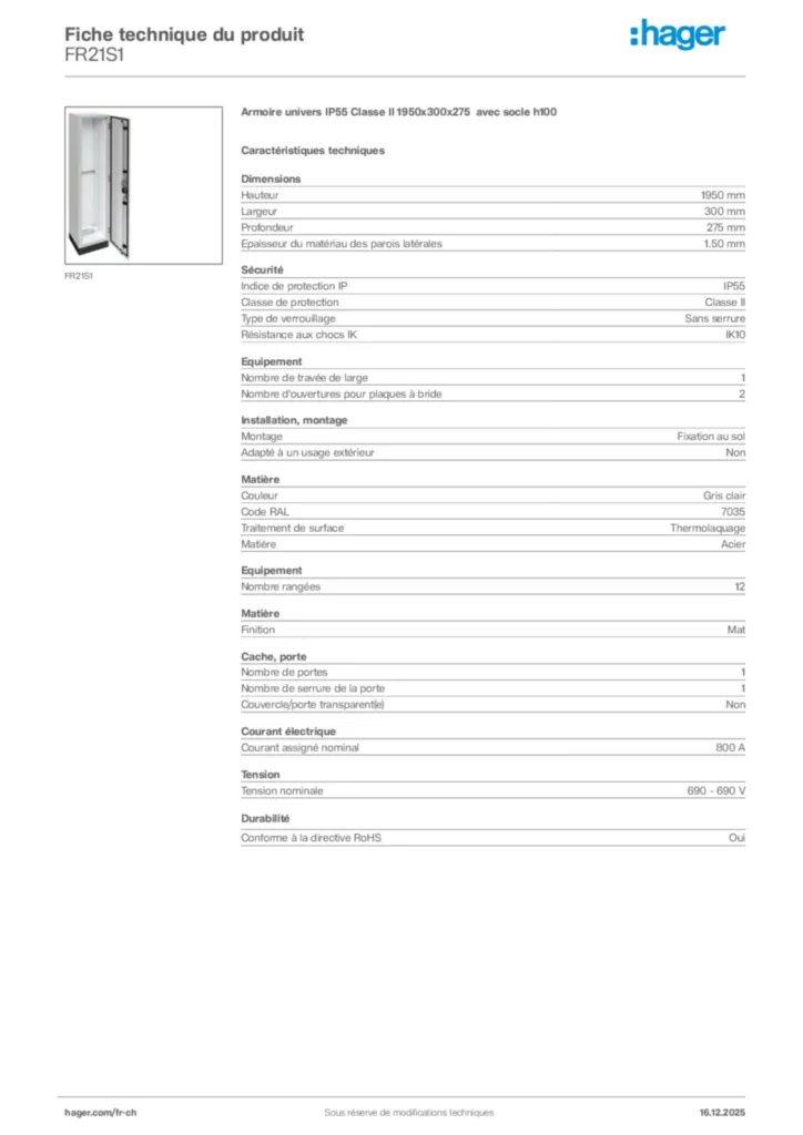 Image Hager Fiche technique du produit FR21S1 | Hager Suisse