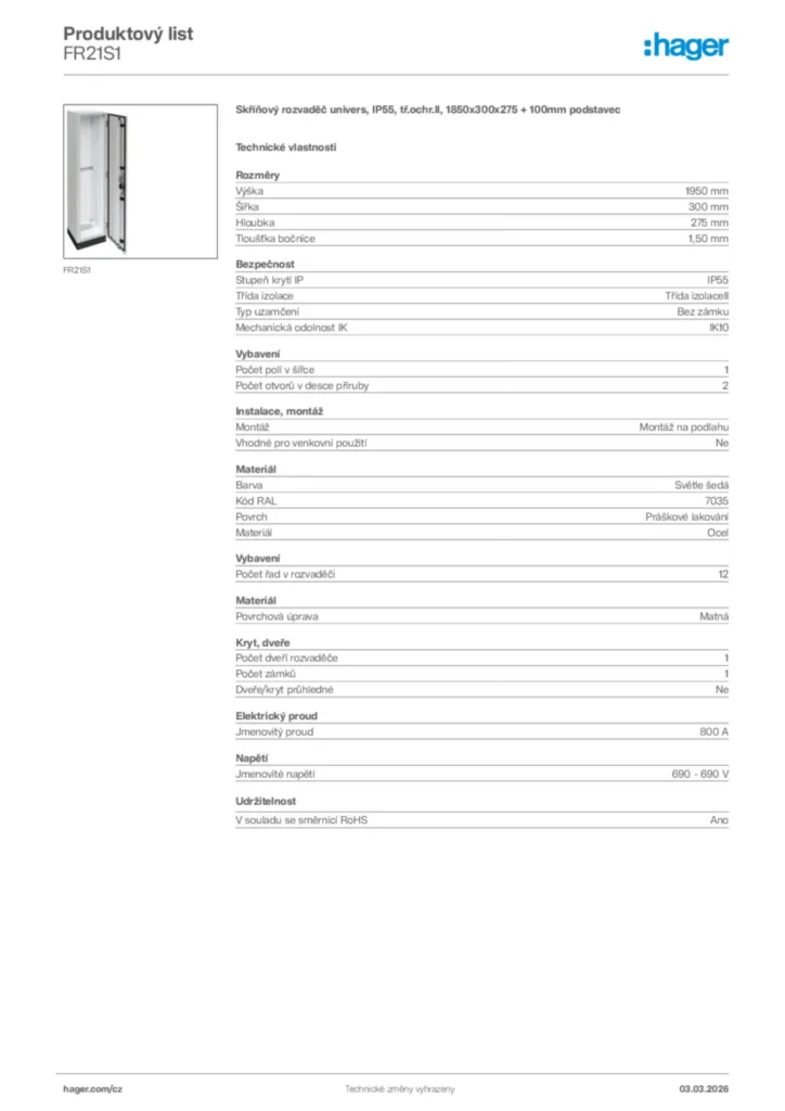 Obrázek Hager Product data sheet FR21S1 | Hager