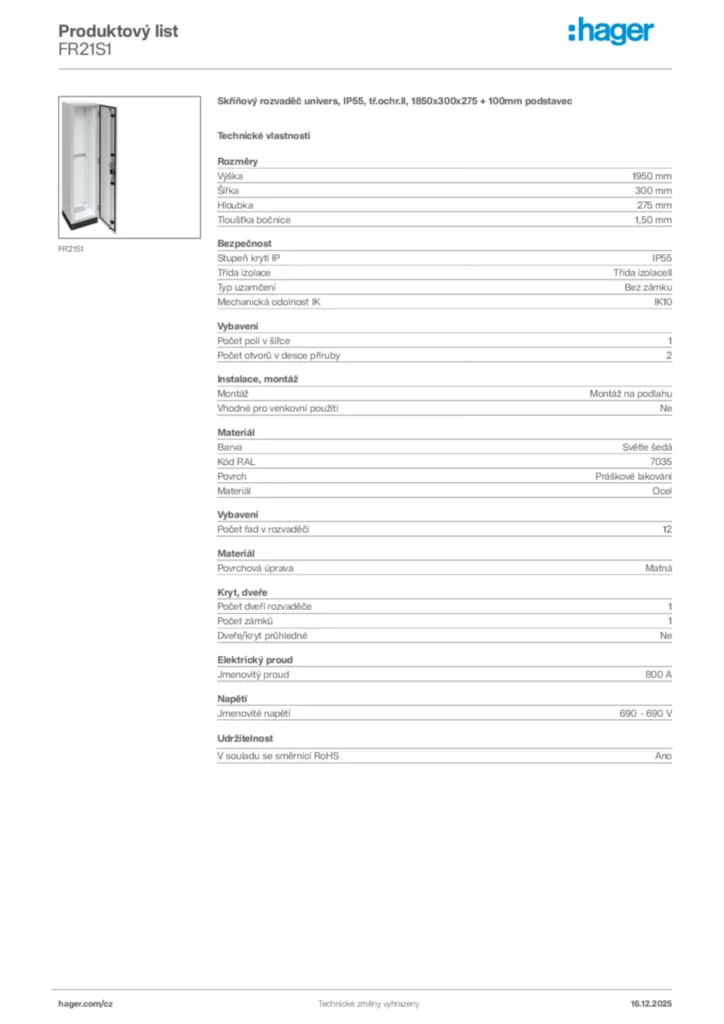 Obrázek Hager Produktový list FR21S1 | Hager