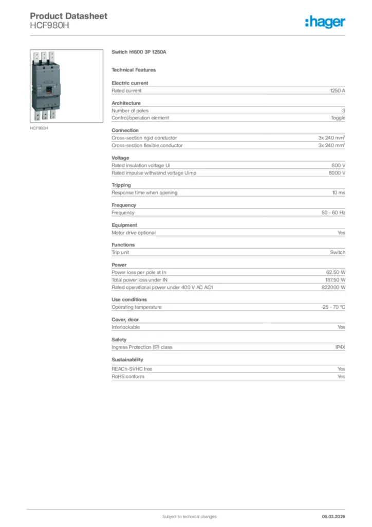 Image Hager Product data sheet HCF980H  | Hager Africa
