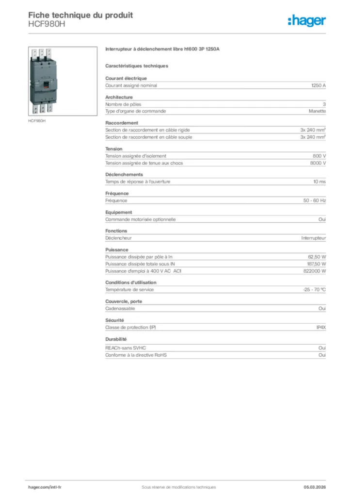 Image Hager Fiche technique du produit HCF980H | Hager Afrique