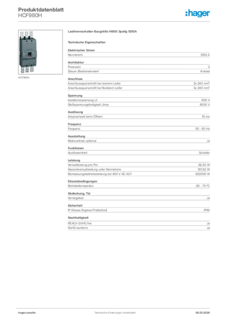 Bild Hager Produktdatenblatt HCF980H | Hager Deutschland