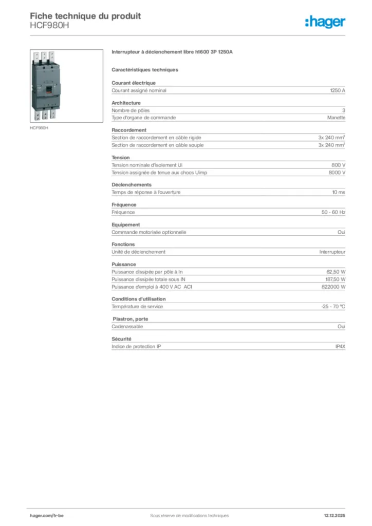 Image Hager Fiche technique du produit HCF980H | Hager Belgique
