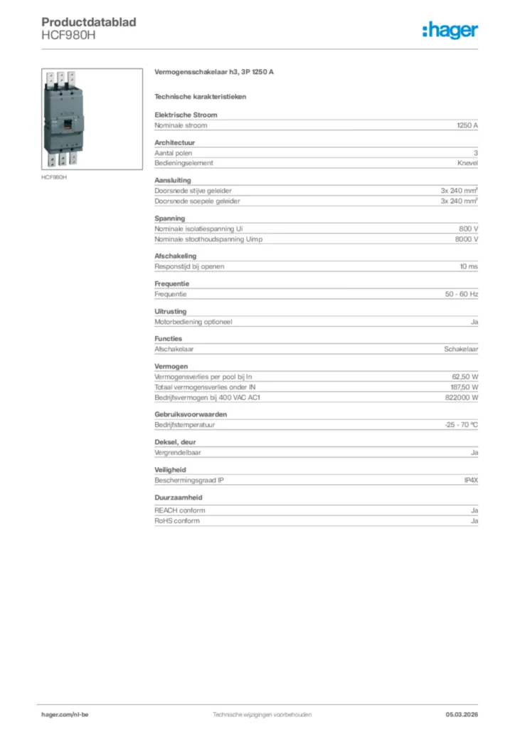 Afbeelding Hager Productdatablad HCF980H | Hager Belgium