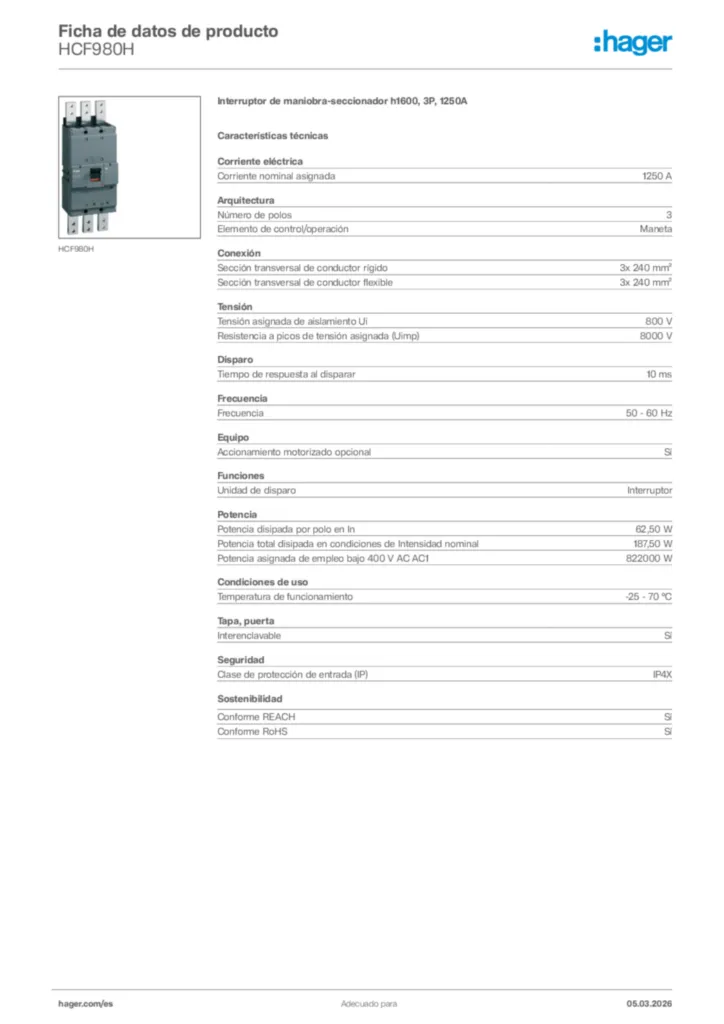 Imagen Hager Ficha de datos de producto HCF980H | Hager España