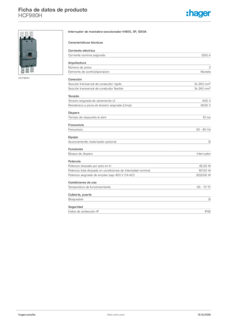 Imagen Hager Ficha de datos de producto HCF980H | Hager España