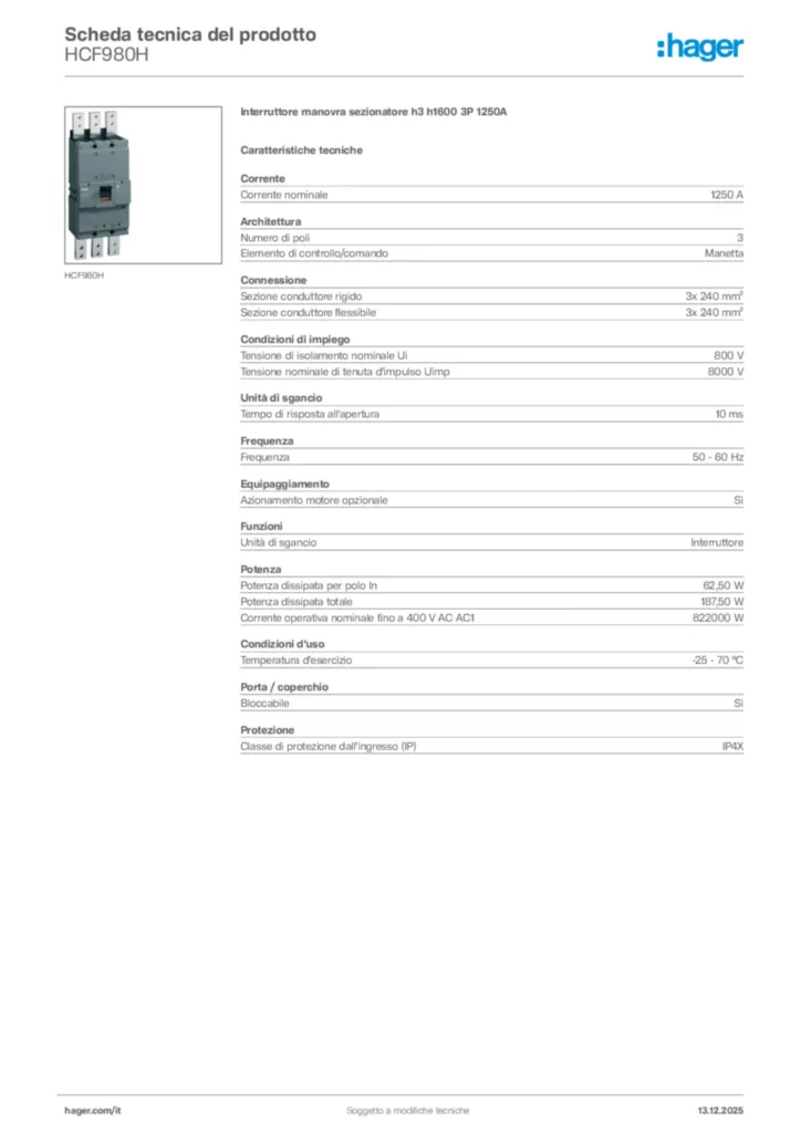 Immagine Hager Scheda tecnica del prodotto HCF980H | Hager Italia