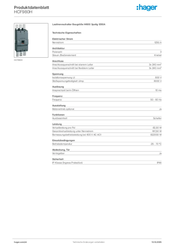 Bild Hager Produktdatenblatt HCF980H | Hager Deutschland