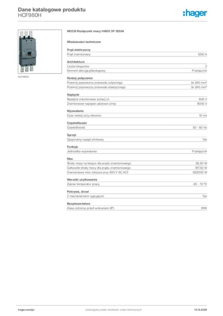 Zdjęcie Hager Karta katalogowa HCF980H | Hager Polska