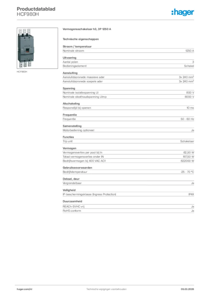 Afbeelding Hager Productdatablad HCF980H | Hager Nederland