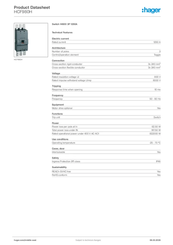 Image Hager Product data sheet HCF980H  | Hager