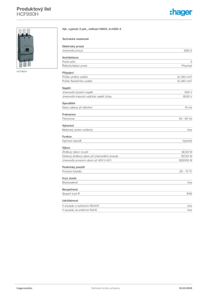 Obrázek Hager Product data sheet HCF980H | Hager