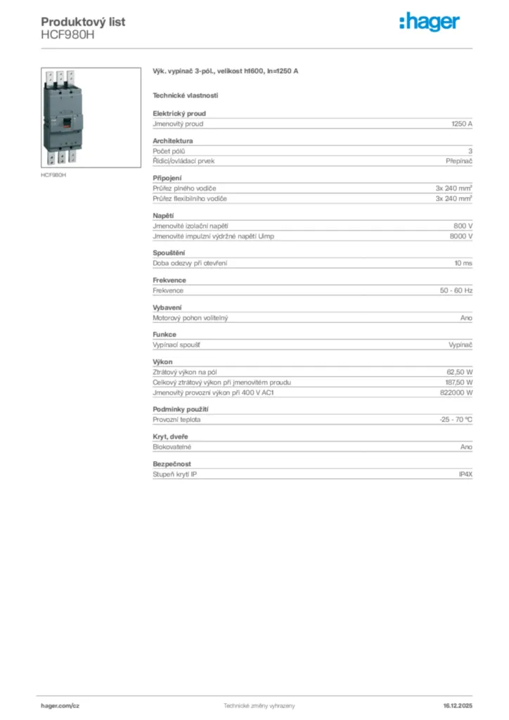 Obrázek Hager Produktový list HCF980H | Hager