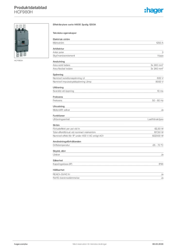 Bild Hager Produktdatablad HCF980H | Hager Sverige
