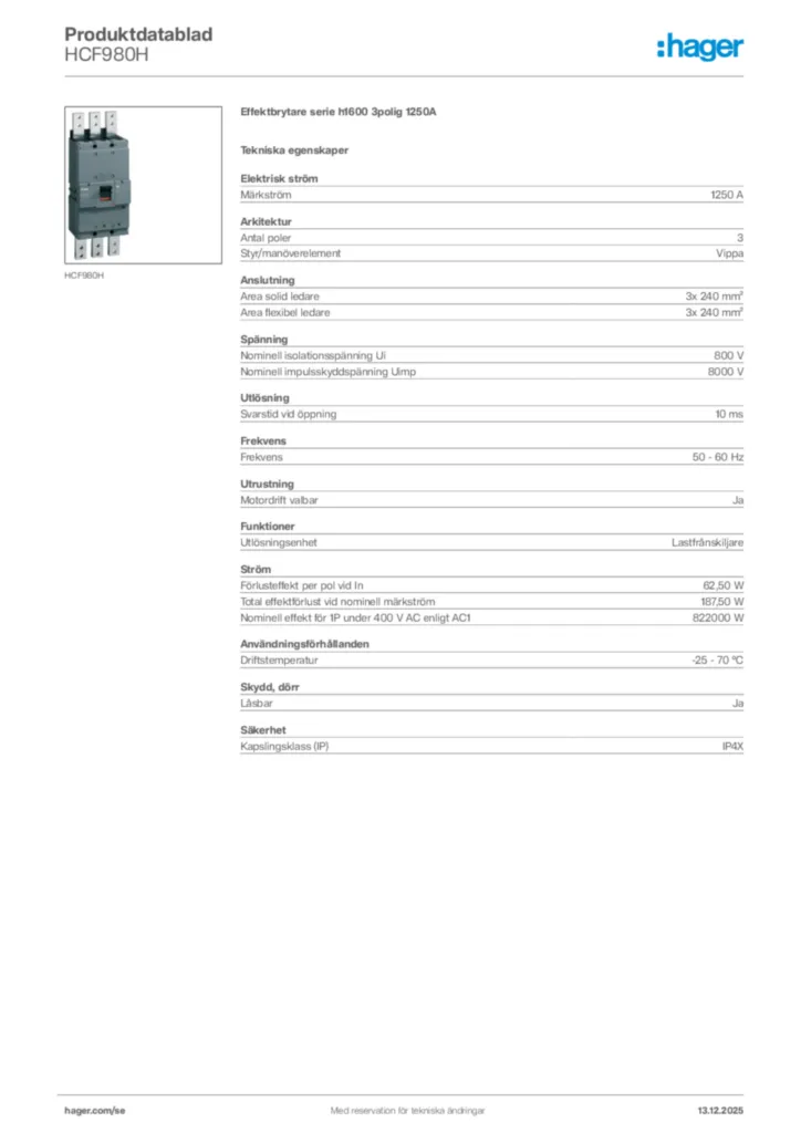 Bild Hager Produktdatablad HCF980H | Hager Sverige