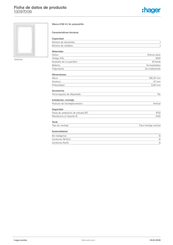 Imagen Hager Ficha de datos de producto 13097009 | Hager España