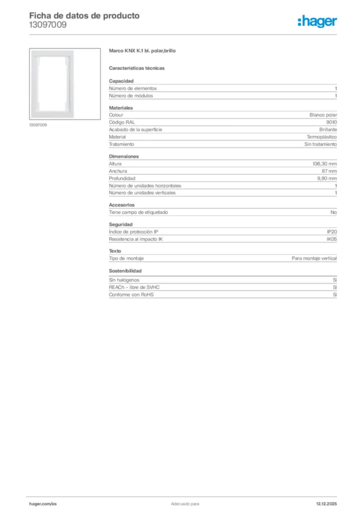 Imagen Hager Ficha de datos de producto 13097009 | Hager España
