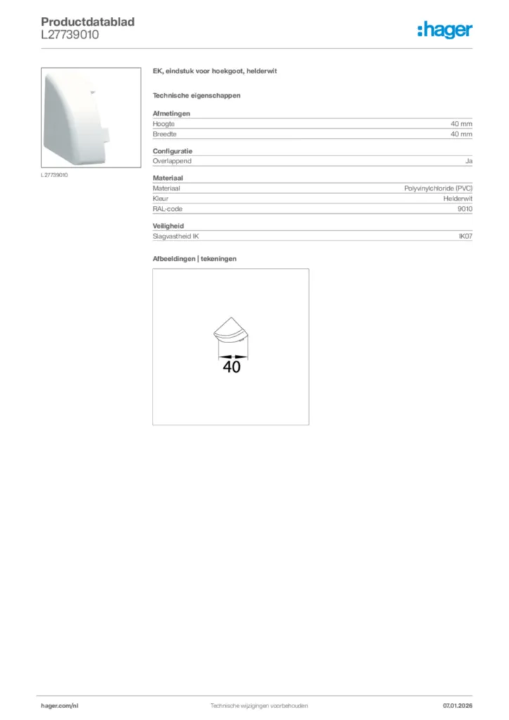 Afbeelding Hager Productdatablad L27739010 | Hager Nederland