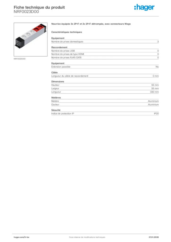 Image Hager Fiche technique du produit NRF0023D00 | Hager Belgique