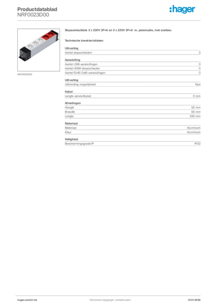 Afbeelding Hager Productdatablad NRF0023D00 | Hager Belgium