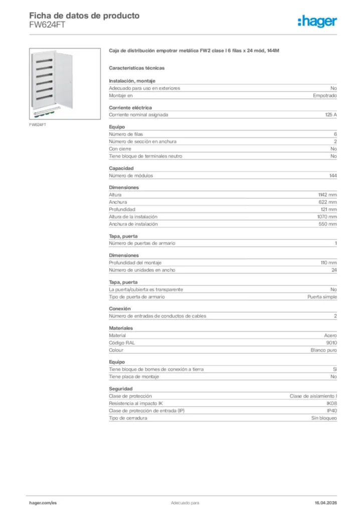 Imagen Hager Ficha de datos de producto FW624FT | Hager España