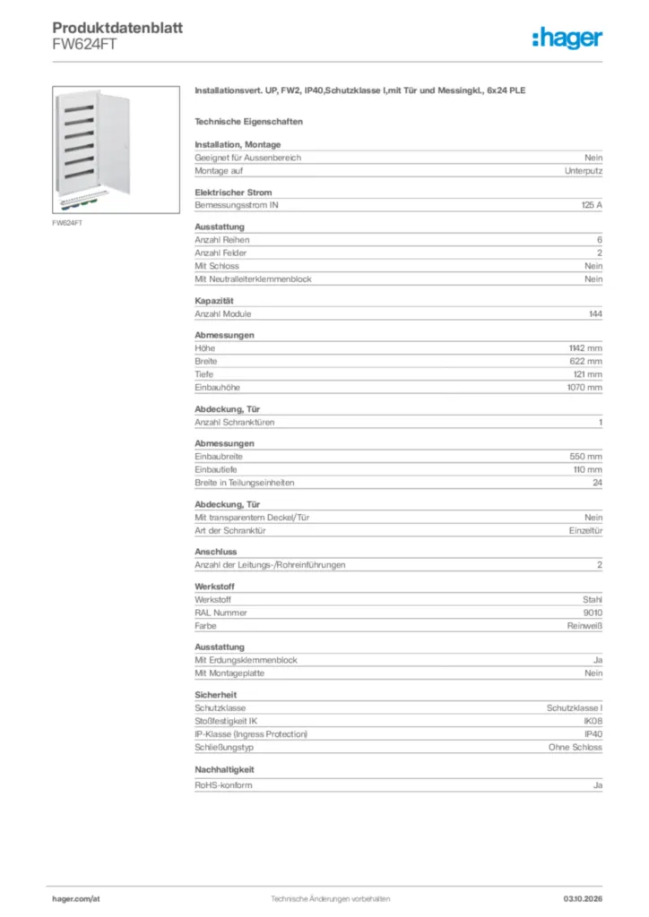 Bild Hager Produktdatenblatt FW624FT | Hager Deutschland