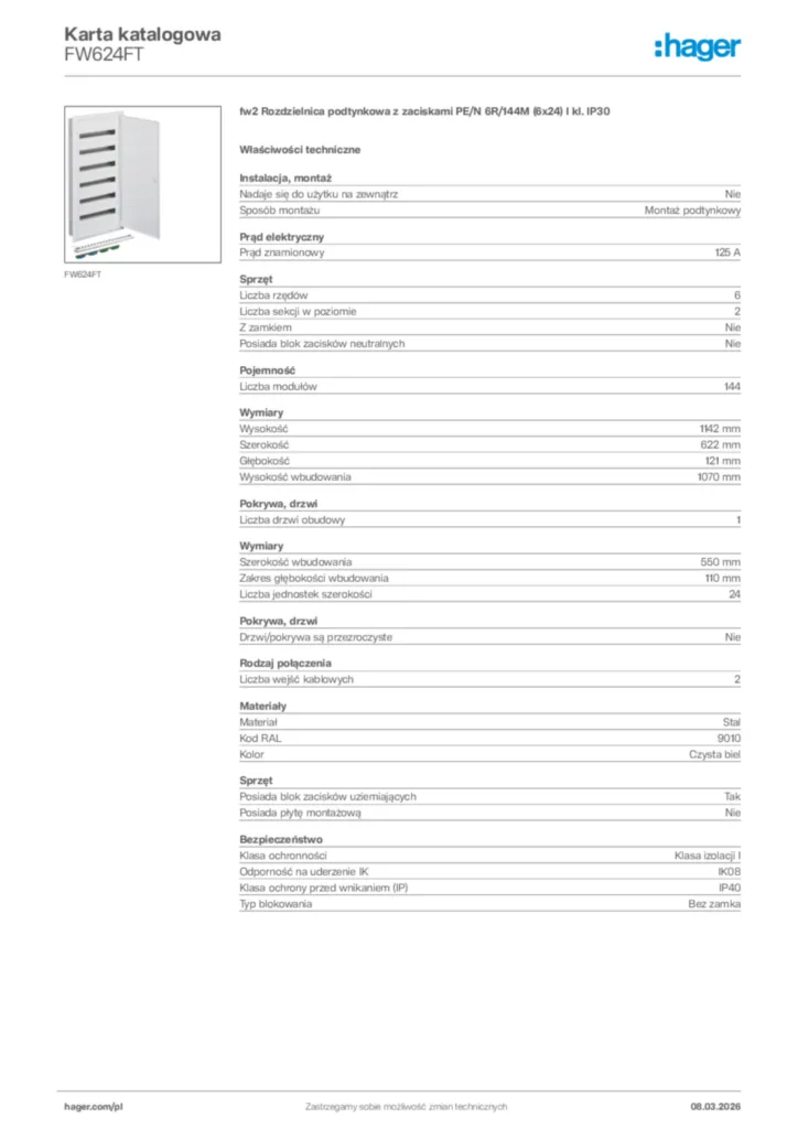 Zdjęcie Hager Karta katalogowa FW624FT | Hager Polska