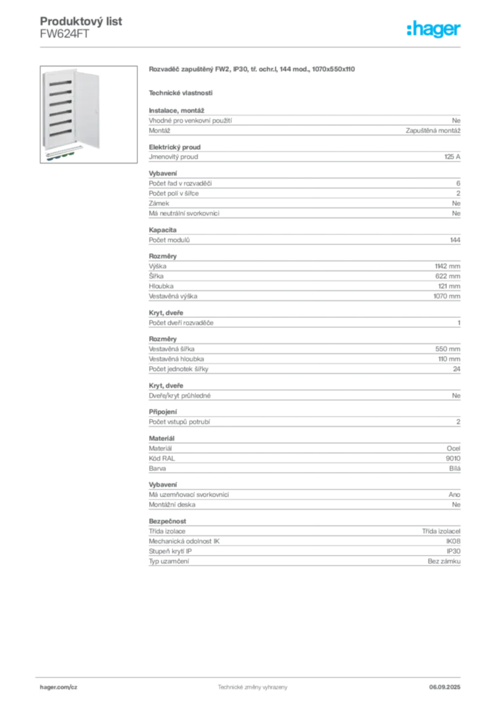 Obrázek Hager Produktový list FW624FT | Hager