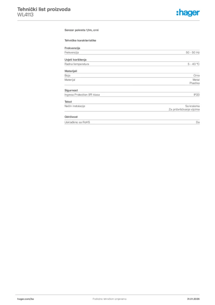 Slika Hager Tehnički list proizvoda WL4113  | Hager