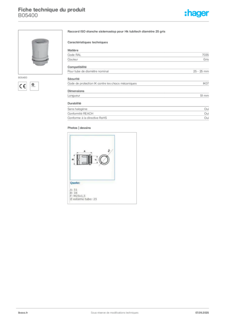 Image Iboco Fiche technique du produit B05400 | Hager France