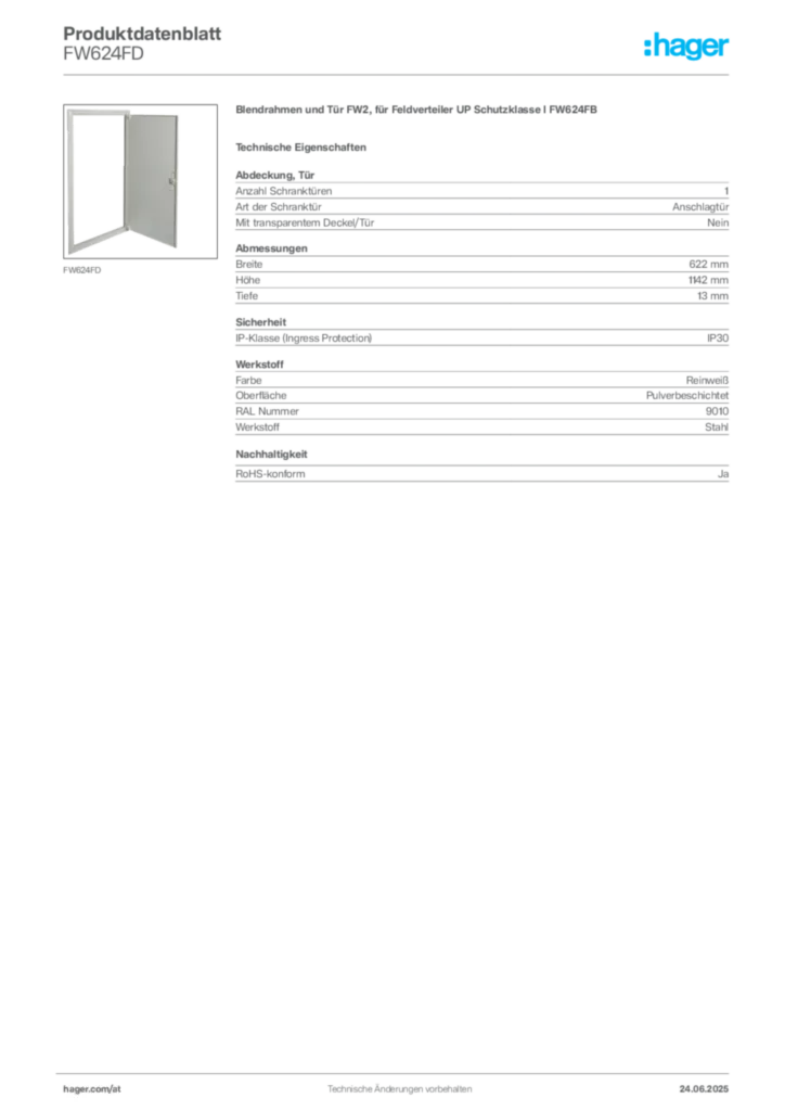 Bild Hager Produktdatenblatt FW624FD | Hager Deutschland