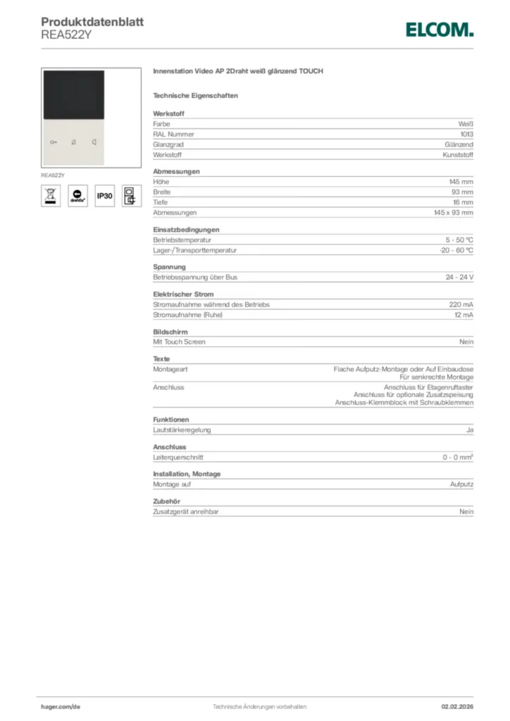 Bild Elcom Produktdatenblatt REA522Y | Hager Deutschland