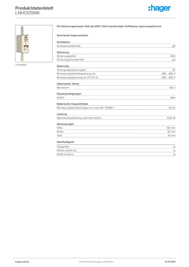 Bild Hager Produktdatenblatt LNH0125M6 | Hager Deutschland