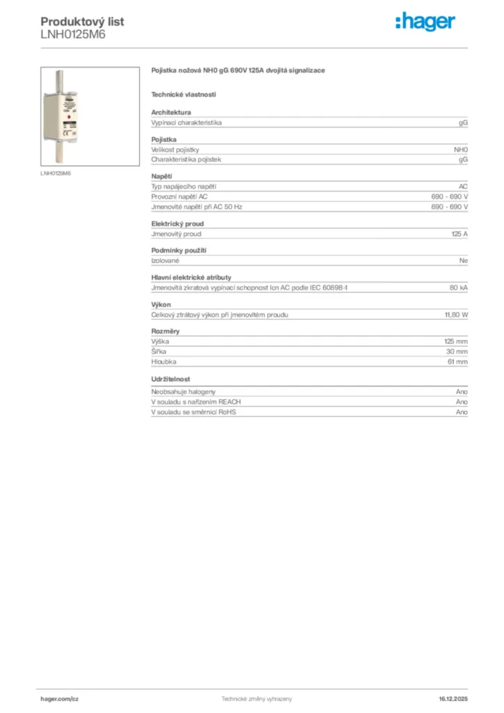 Obrázek Hager Produktový list LNH0125M6 | Hager
