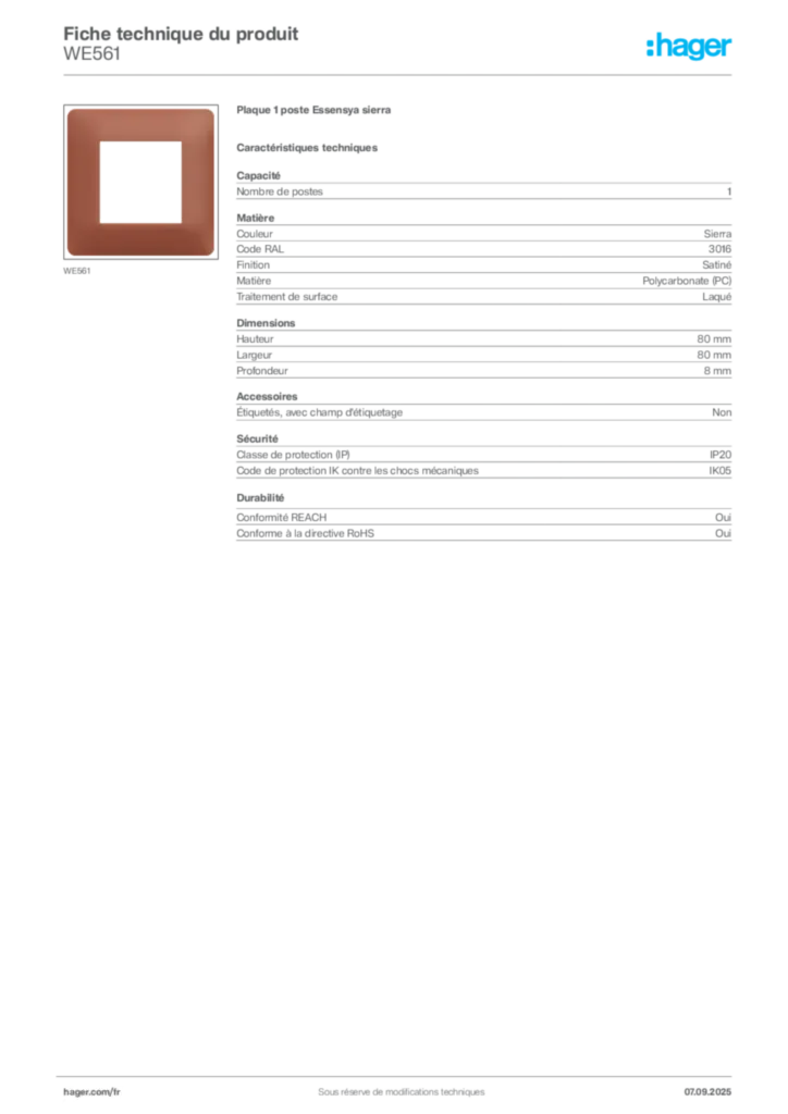 Image Hager Fiche technique du produit WE561 | Hager France