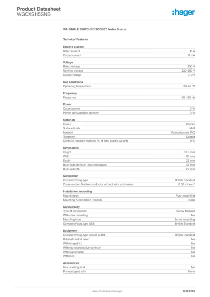 Image Hager Product data sheet WGCXS115SNB  | Hager Africa